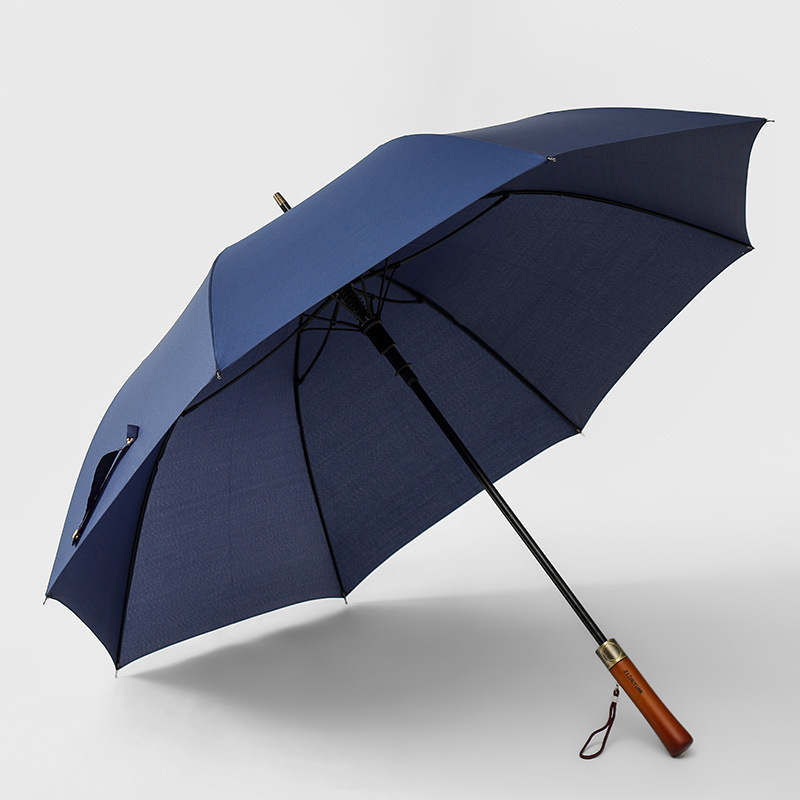 Semi- automatic golf umbrella luxury wooden handle  gray navy blue long umbrella