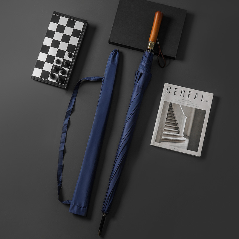 Semi- automatic golf umbrella luxury wooden handle  gray navy blue long umbrella