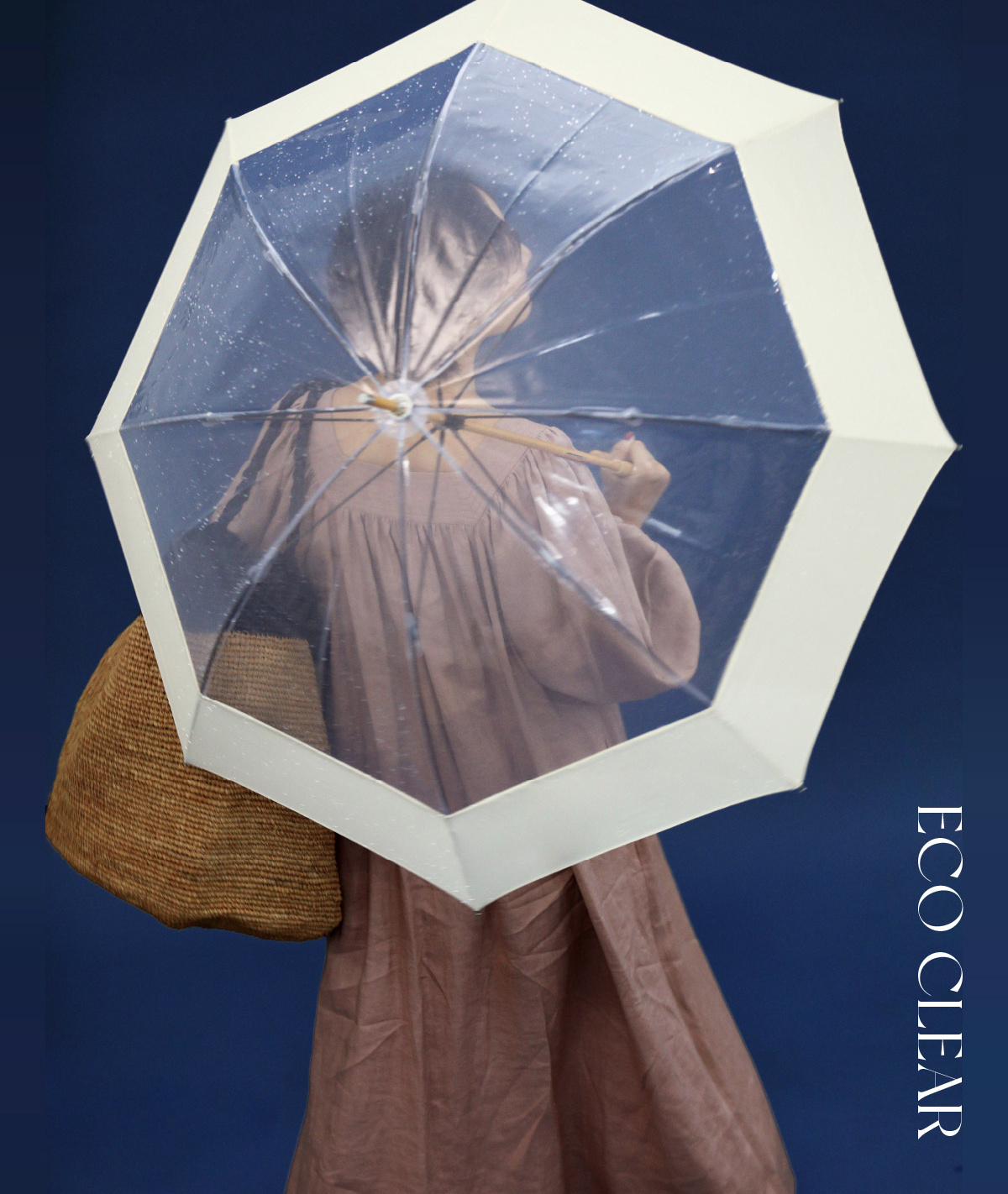 New Design Transparent Recycled PET Straight Umbrella With J Shape Wooden Handle Custom Stick Umbrella