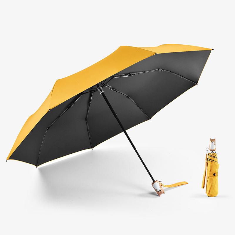 21 Inches manual open wooden cat handle three folding compact umbrella sun protection black coated travel umbrella