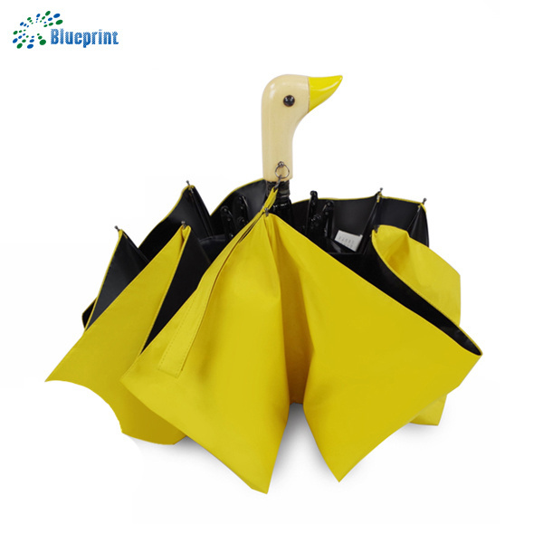 Cheap duck head woodlen handle 3 foldable umbrella for sale