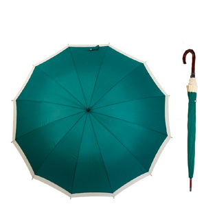 Dark green 12 ribs golf straight umbrella with wood curved handle