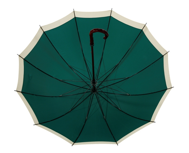 Dark green 12 ribs golf straight umbrella with wood curved handle