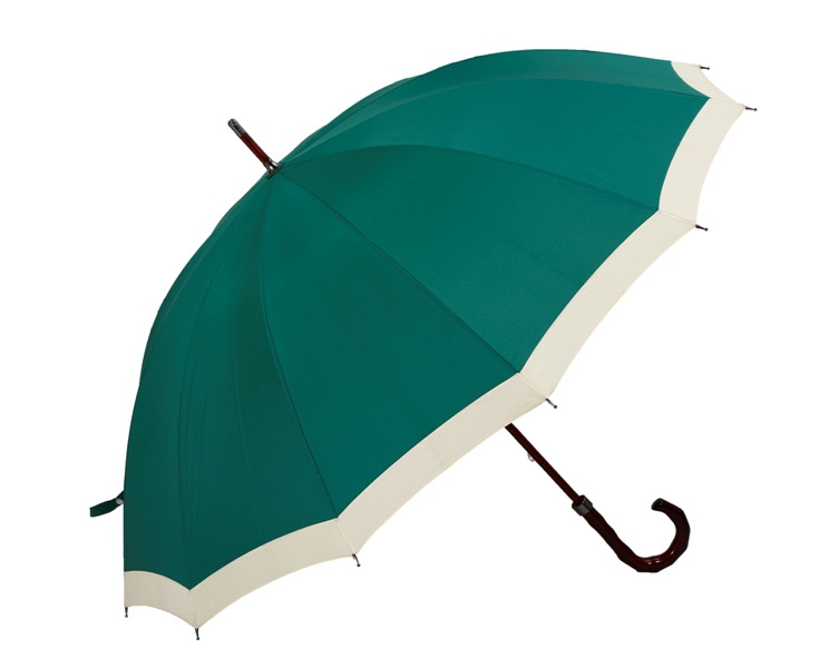 Dark green 12 ribs golf straight umbrella with wood curved handle