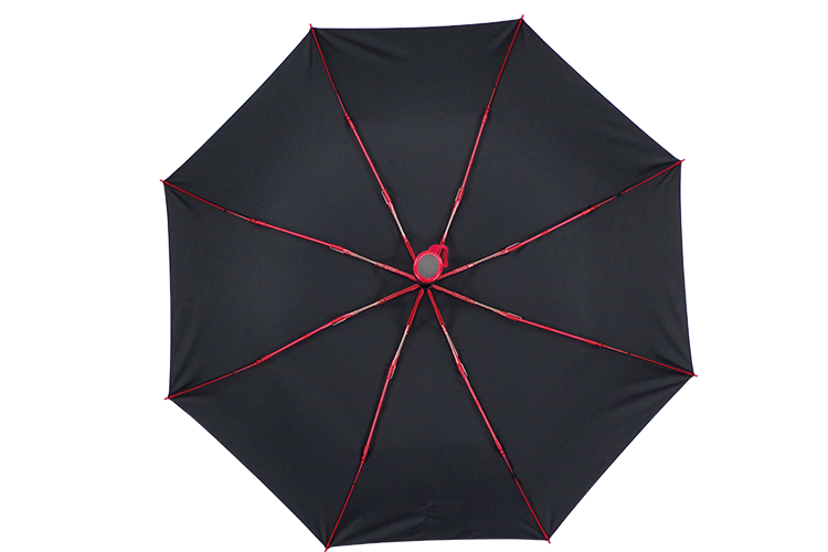 Auto open close compact red fiberglass customize three folding rain umbrella