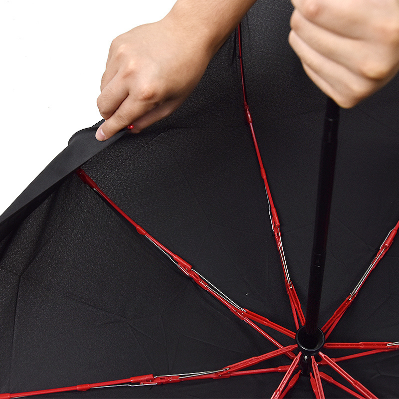 Auto open close compact red fiberglass customize three folding rain umbrella