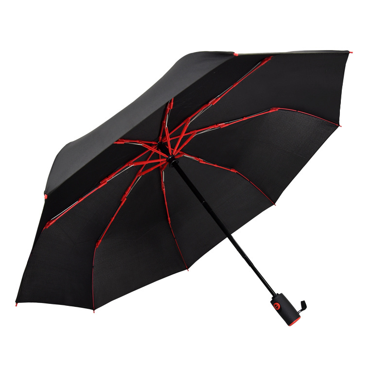 Auto open close compact red fiberglass customize three folding rain umbrella