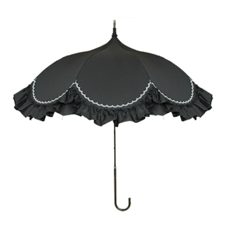 Japanese Princess Wide Lace Edge Semicircle Shape Pagoda Umbrella with Long PU Handle