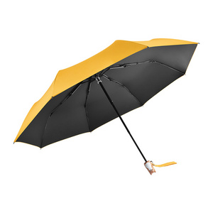 21 Inches manual open wooden cat handle three folding compact umbrella sun protection black coated travel umbrella