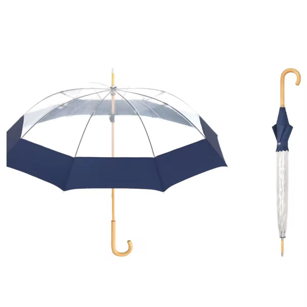 New Design Transparent Recycled PET Straight Umbrella With J Shape Wooden Handle Custom Stick Umbrella