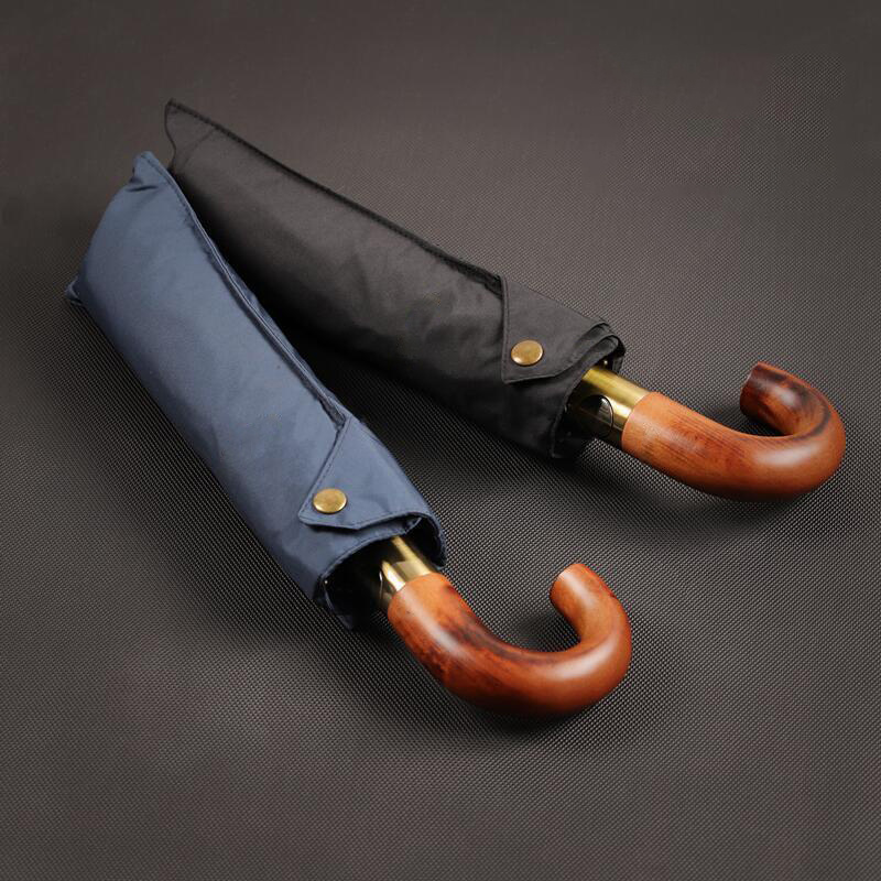 Gentleman Retro Automatic Umbrella Wooden Curved Handle 25 Inch 10 Ribs Automatic Business Folding Umbrella