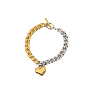 Custom Logo Daily Wear 18K gold plated stainless steel chain, half steel color Cuban flat chain splicing heart-shaped bracelet