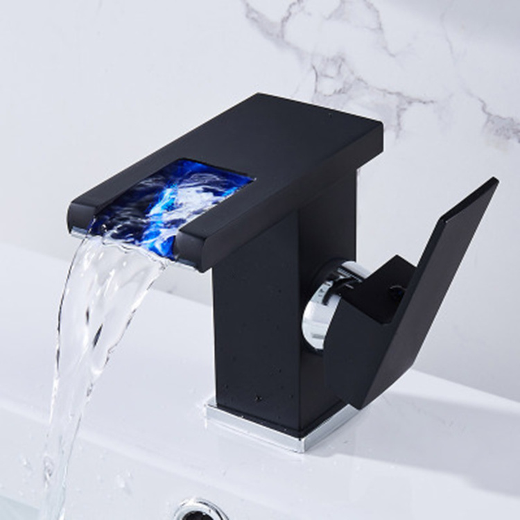 LED Light Basin Faucet 3 Colors Waterfall Glass Spout Sink Faucet Cold and Hot Water Mixer Bathroom Tap