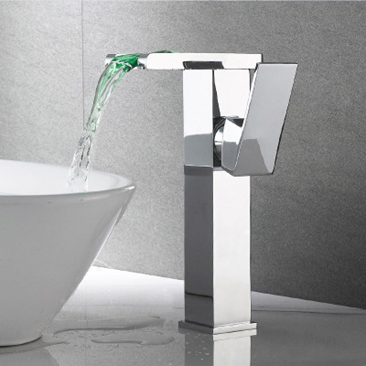 LED Light Basin Faucet 3 Colors Waterfall Glass Spout Sink Faucet Cold and Hot Water Mixer Bathroom Tap