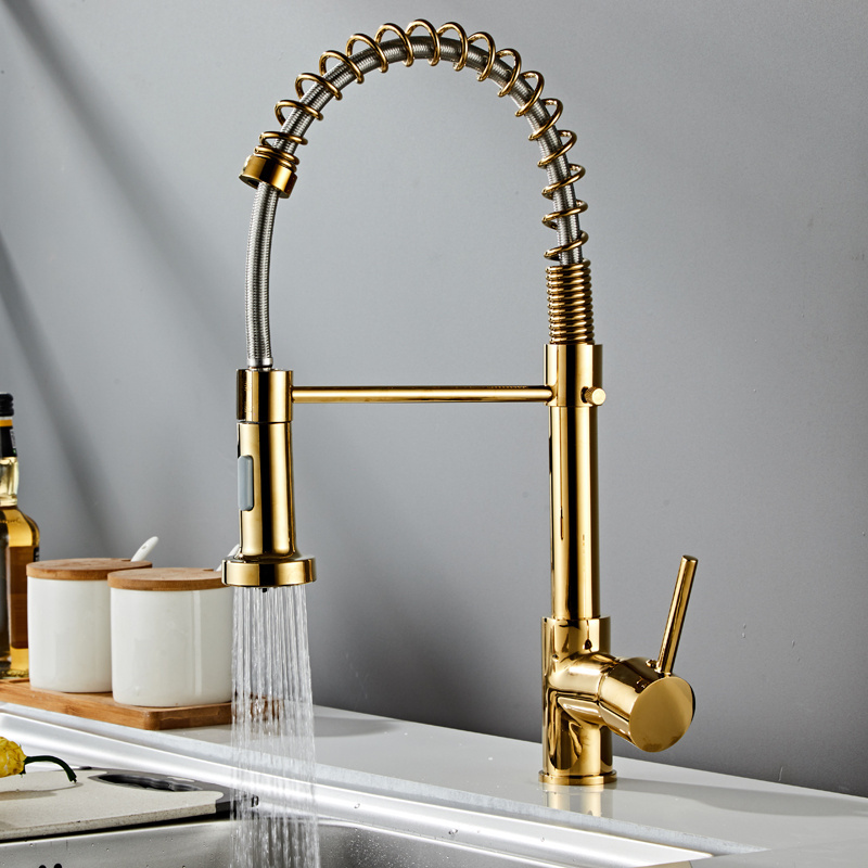 Gold Sprayer commercial Single Handle Golbeach Contemporary Kitchen Sink Pull Down Brass Kitchen Faucet