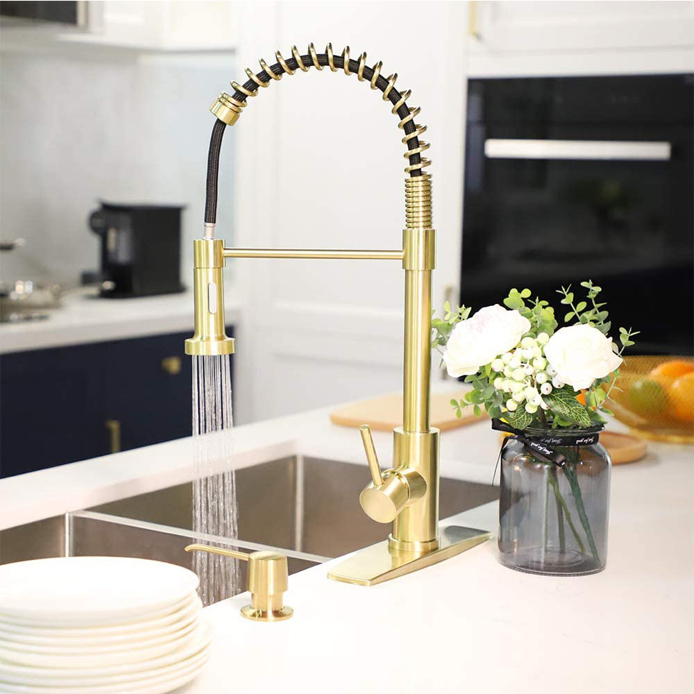 Gold Sprayer commercial Single Handle Golbeach Contemporary Kitchen Sink Pull Down Brass Kitchen Faucet