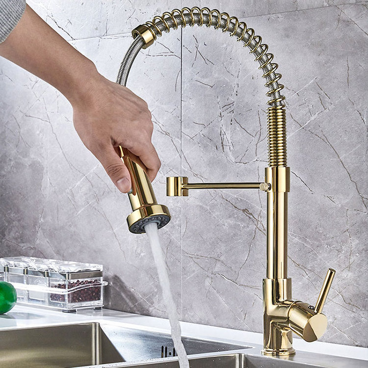 Gold Sprayer commercial Single Handle Golbeach Contemporary Kitchen Sink Pull Down Brass Kitchen Faucet