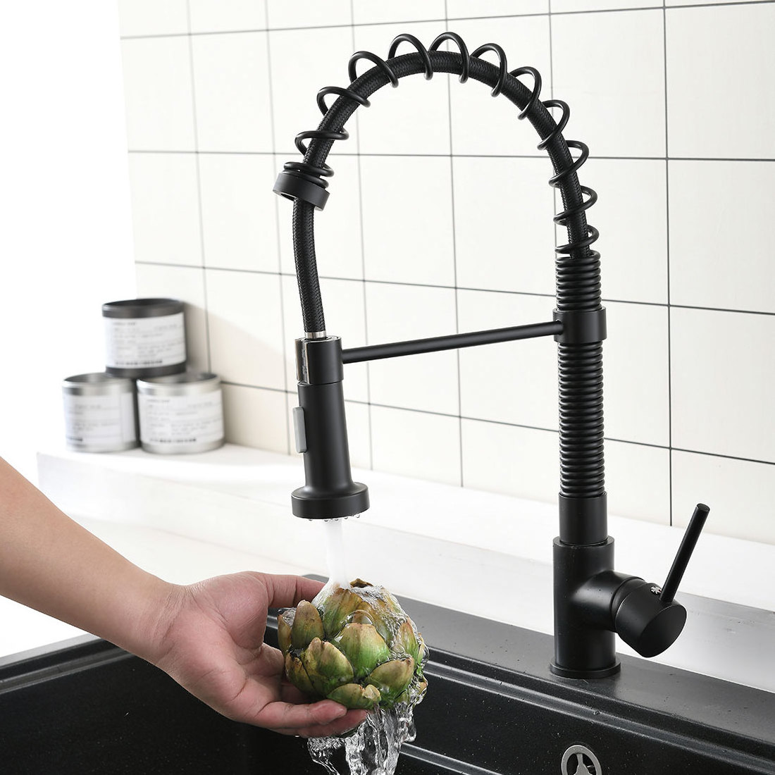 Commercial  Black Brass Single Handle Single Lever Pull Down Sprayer Spring Kitchen Sink Faucet