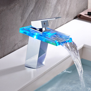 Led Color Changing Glass Faucet Bathroom Vanity Faucet Color Deck Installation Sink Glass Brass Waterfall Faucet