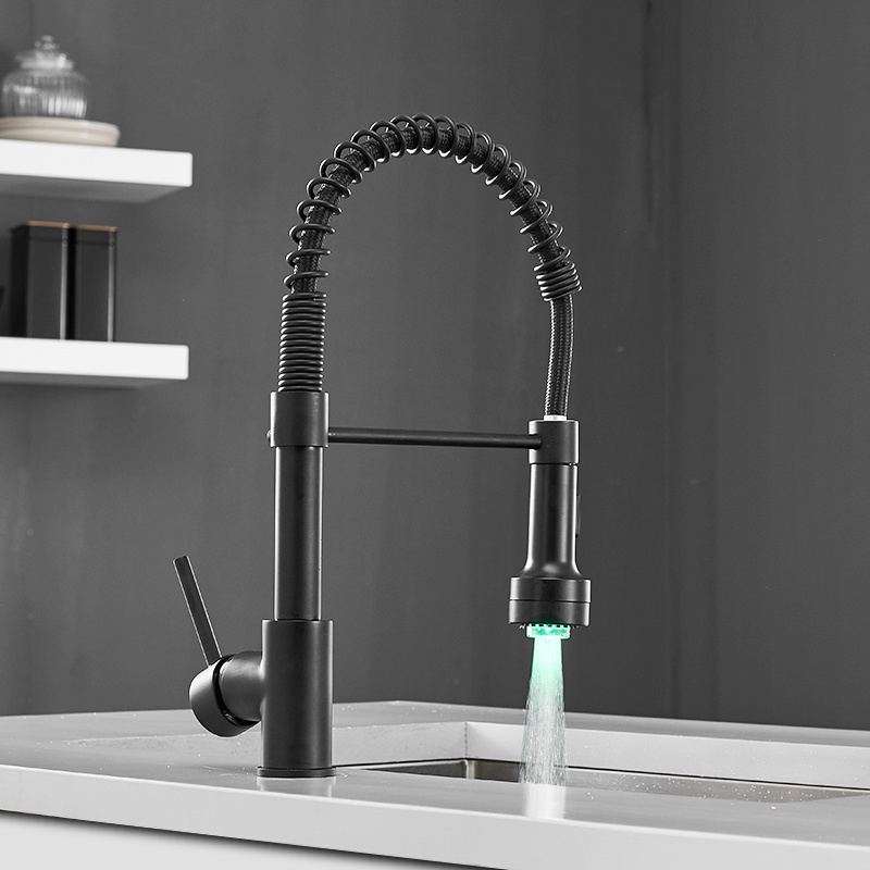 Fapully Modern Black Sink Faucet With Led Pull Down Spout Brass Kitchen Faucet With Pull Down Sprayer