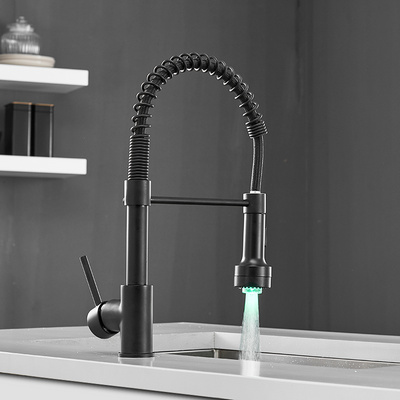 Fapully Modern Black Sink Faucet With Led Pull Down Spout Brass Kitchen Faucet With Pull Down Sprayer