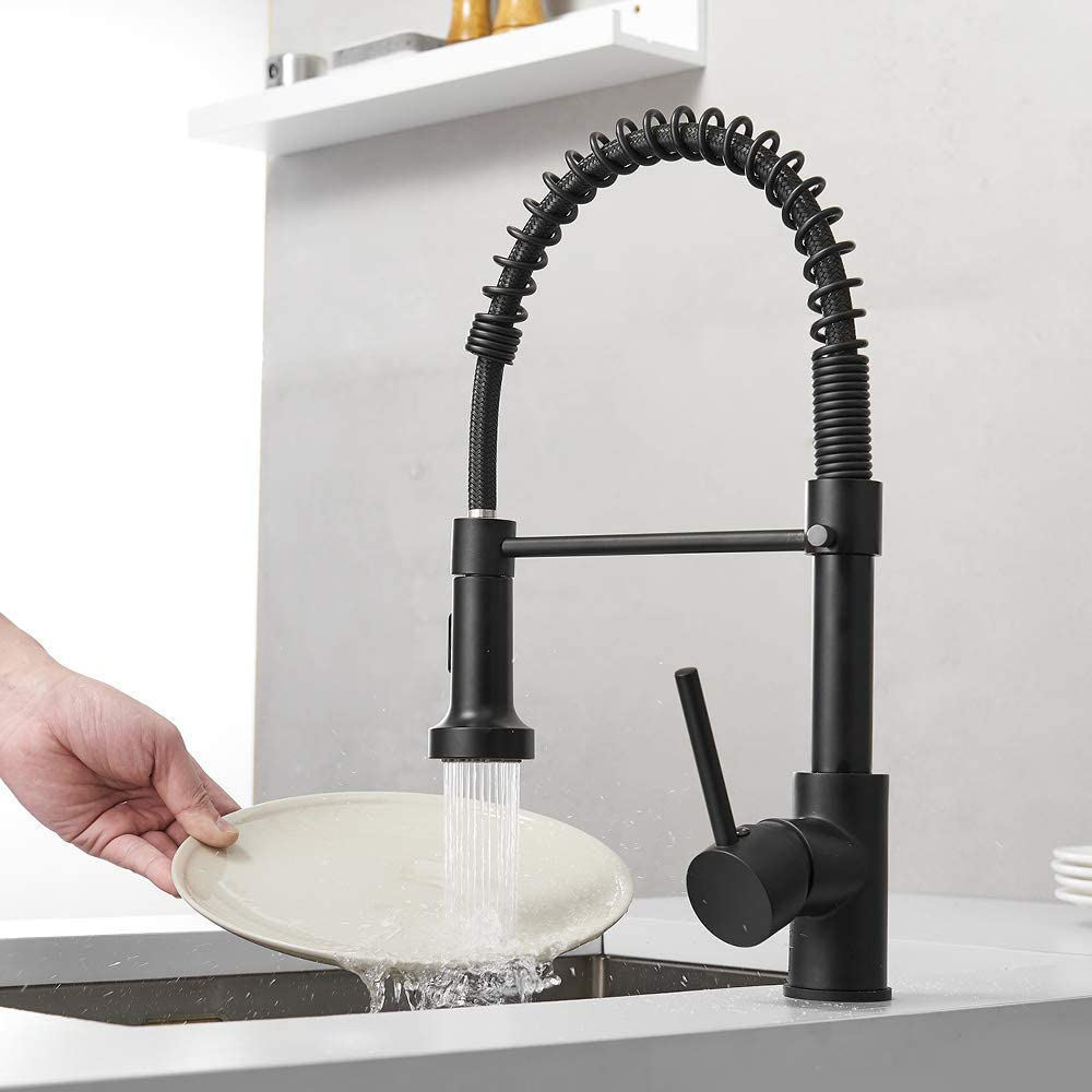 Matte Black Kitchen Faucets Commercial Solid Brass Single Handle Single Lever Pull Down Sprayer Spring Kitchen Sink Faucet