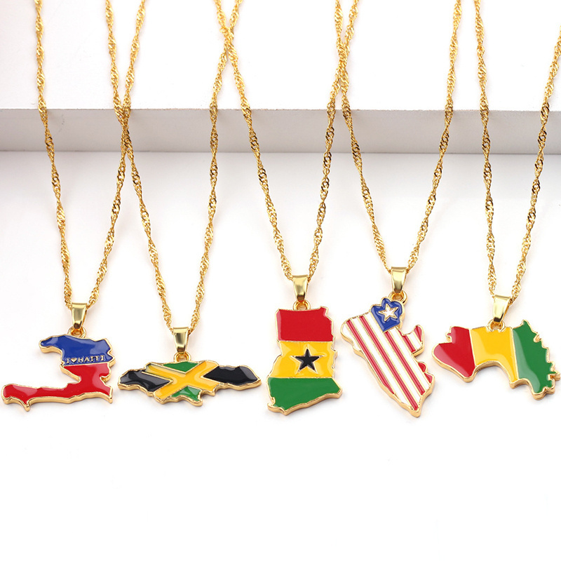 Blues RTS Hip Hop new arrival colorful enamel world country flag gold plated country map necklace for men jewelry