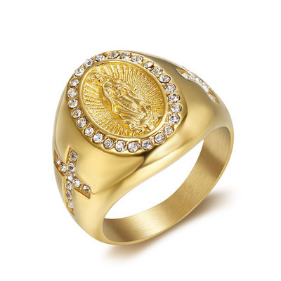 Blues new arrival gold plated stainless steel jewelry supplier iced out crystal cross mother religious virgin mary rings