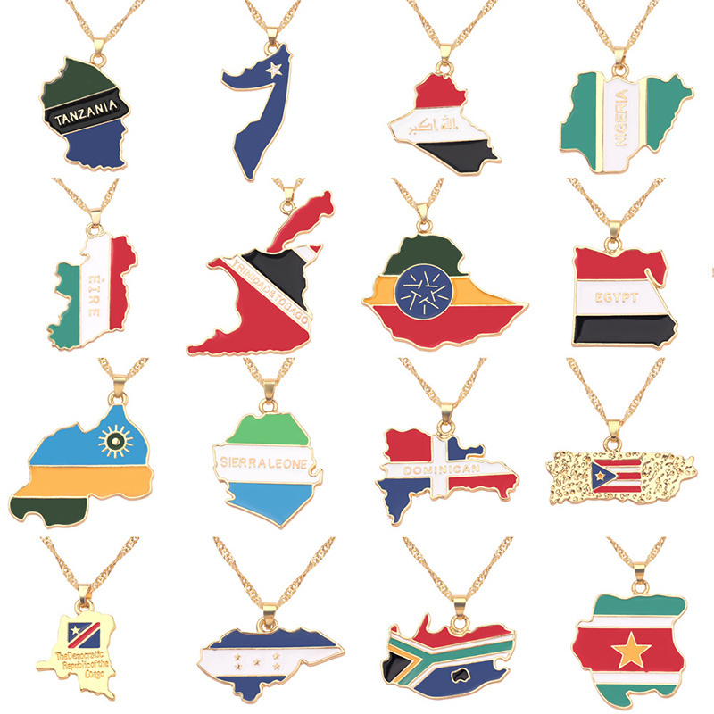 Blues RTS Hip Hop new arrival colorful enamel world country flag gold plated country map necklace for men jewelry