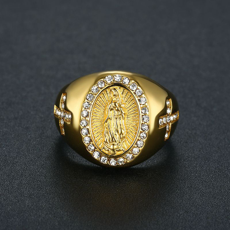 Blues new arrival gold plated stainless steel jewelry supplier iced out crystal cross mother religious virgin mary rings