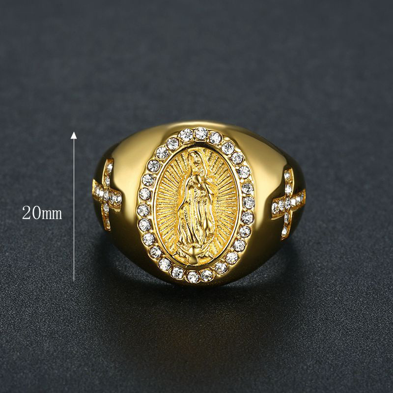 Blues new arrival gold plated stainless steel jewelry supplier iced out crystal cross mother religious virgin mary rings