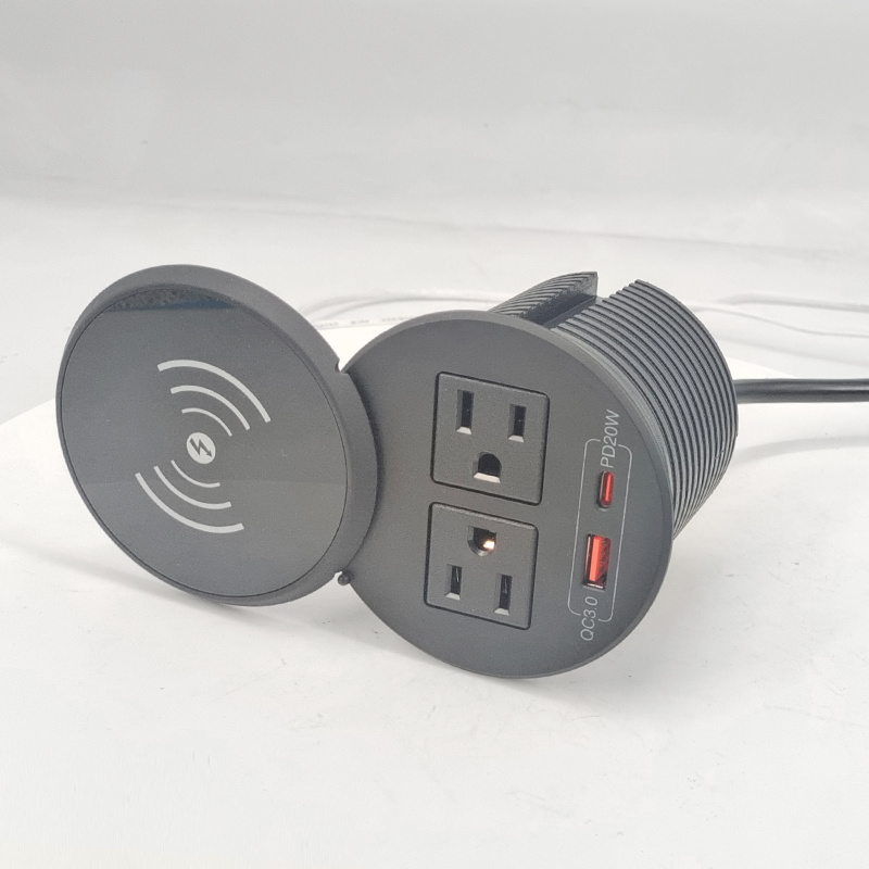 PD 20W USB C Desk Power Grommet with 10W Wireless Charger Cover, Recessed Power Strip with 20W USB A and 2 AC Outlets Hidden