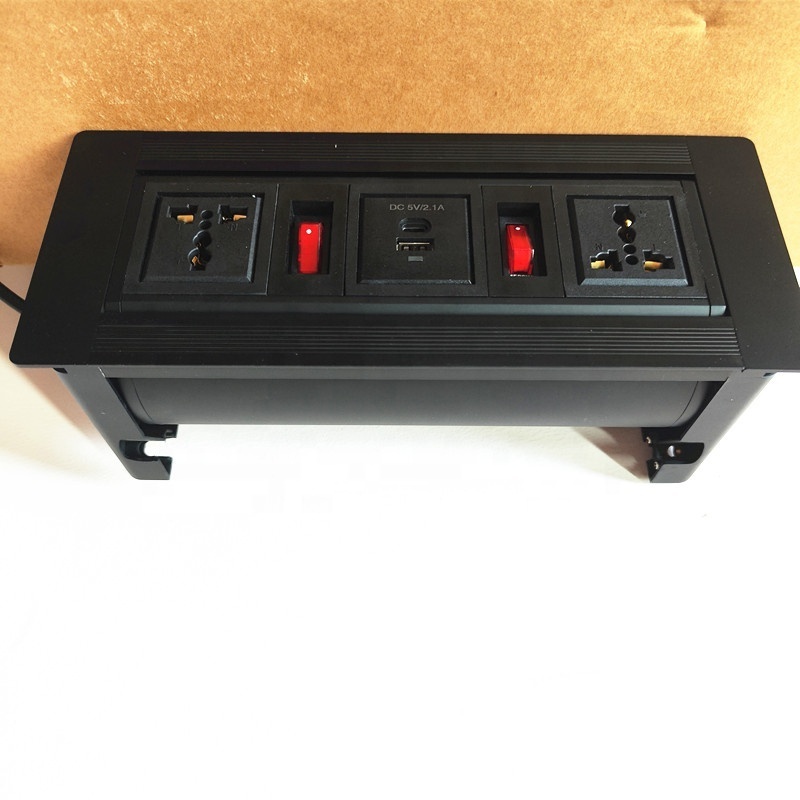 Customized Hidden mounted Conference table desktop Manual rotary flip up Universal power outlet socket with USB-C 2 switch