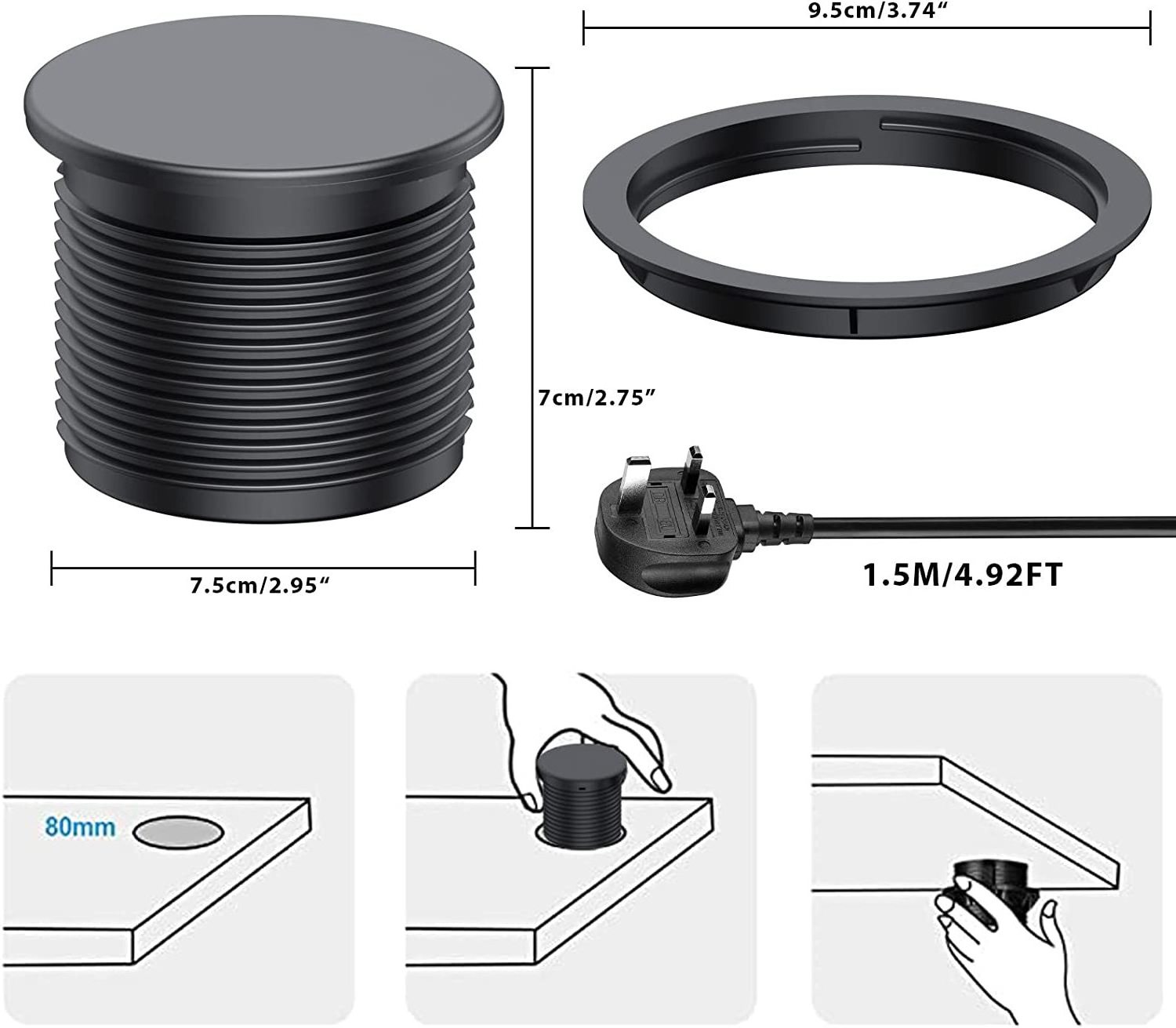 Hidden mounted Smart Office UK power outlet Sliding cover Desk Socket with USB C, 80mm Desk Grommet with Cover for office home