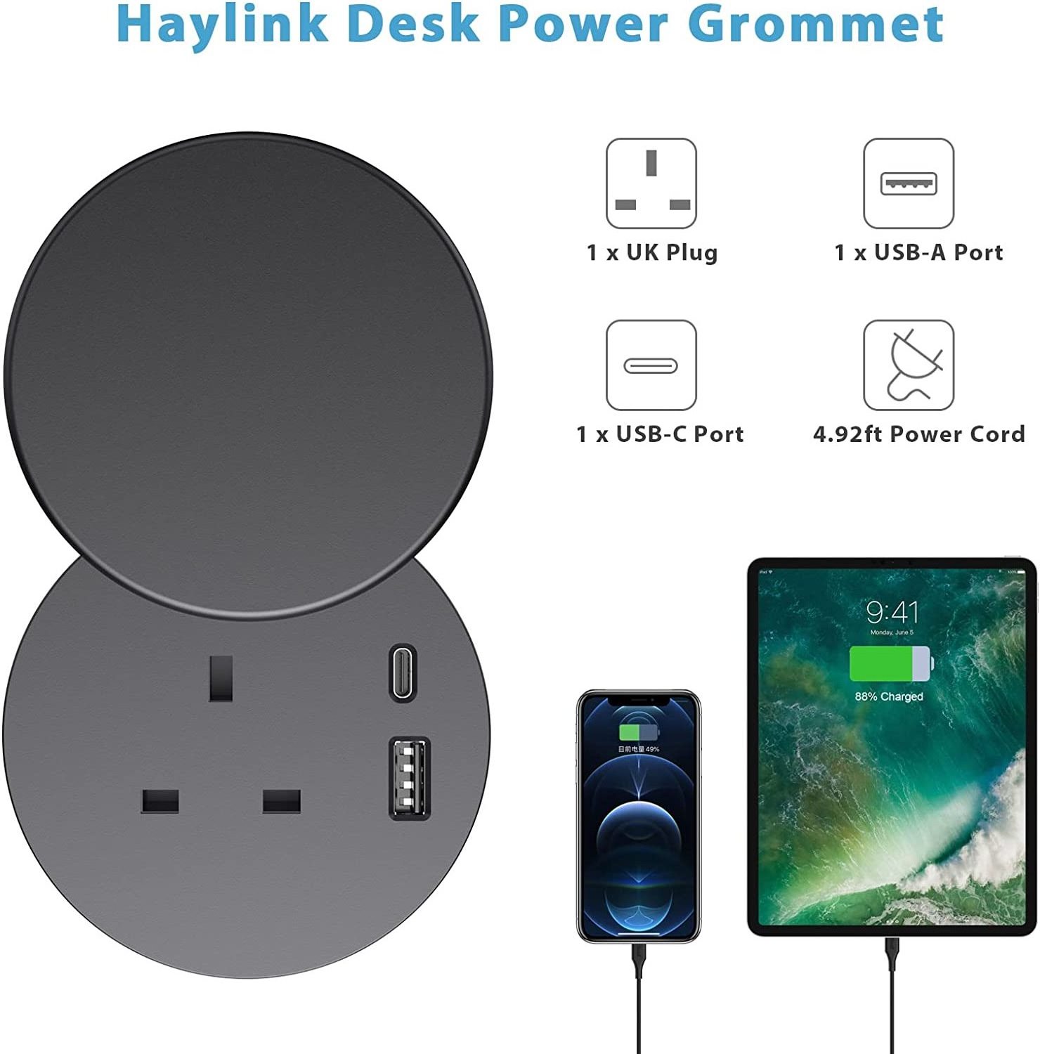 Hidden mounted Smart Office UK power outlet Sliding cover Desk Socket with USB C, 80mm Desk Grommet with Cover for office home