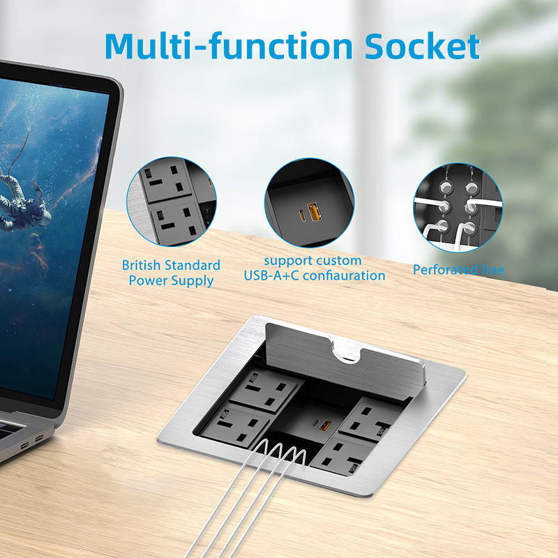 Clamshell Concealed Mount Inline Desktop Power Outlet Hub Customizable Power Module High Power USB-A+C Flip-Flop Metal Outlet