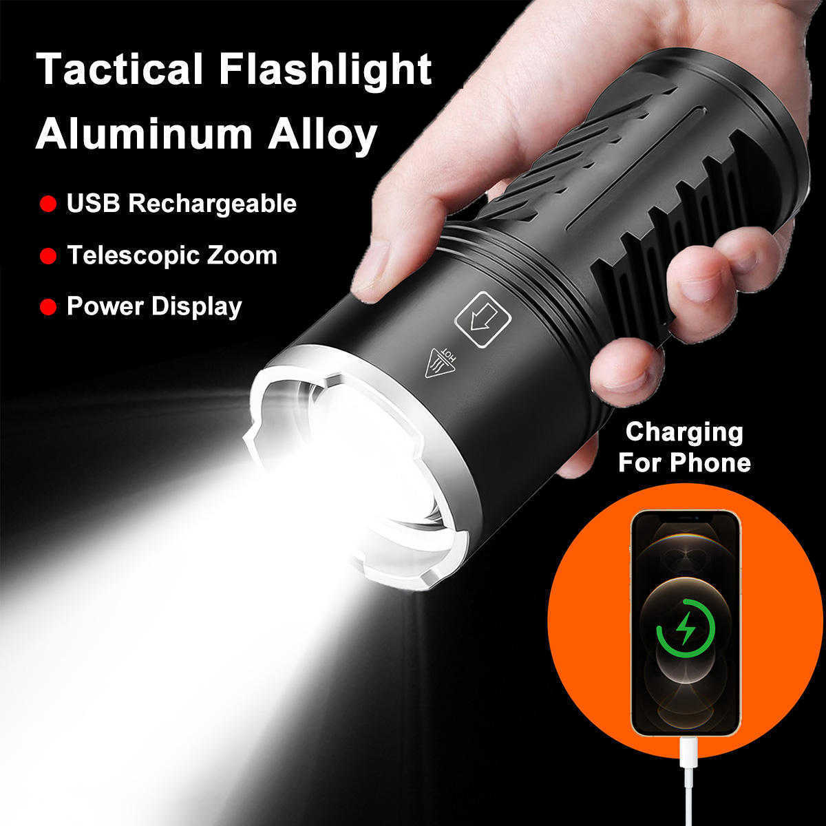 High Power multifunctional Aluminum Alloy Flashlight USB C Outdoor Torch LED 18000 Lumens Super Bright Emergency Flashlight