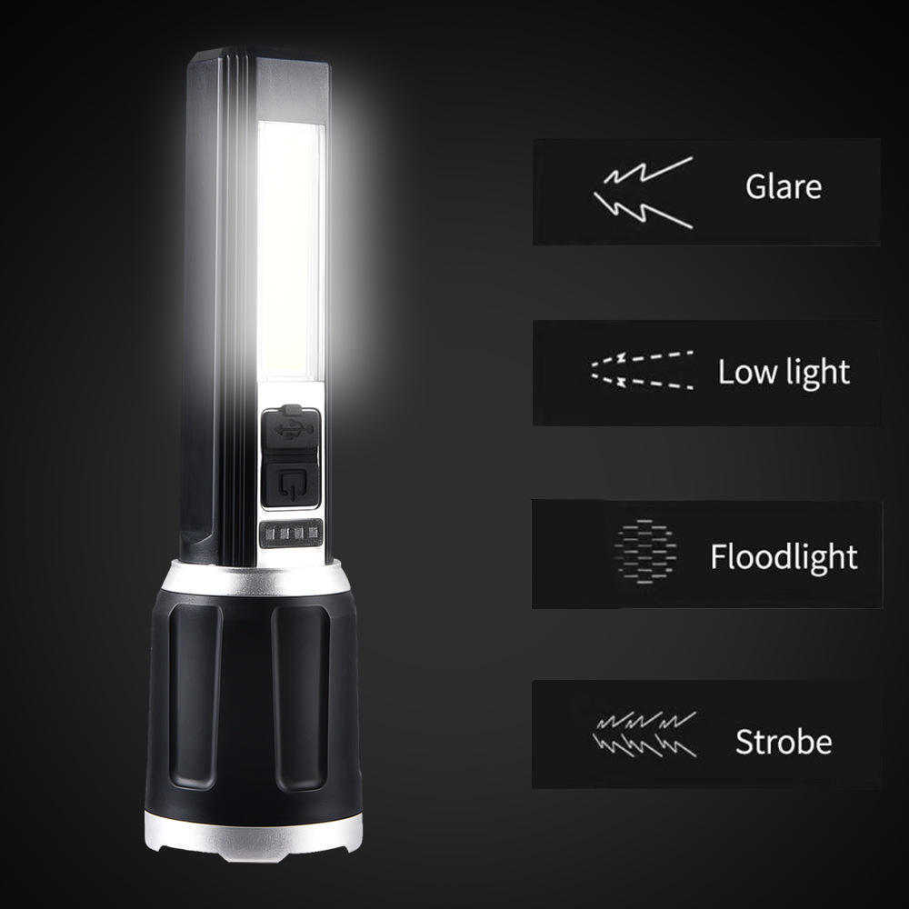 ABS Plastic Flashlight USB Rechargeable Side COB LED 2000 Lumens 4 Modes Outdoor EDC Flashlight Power Outage Emergency Lighting