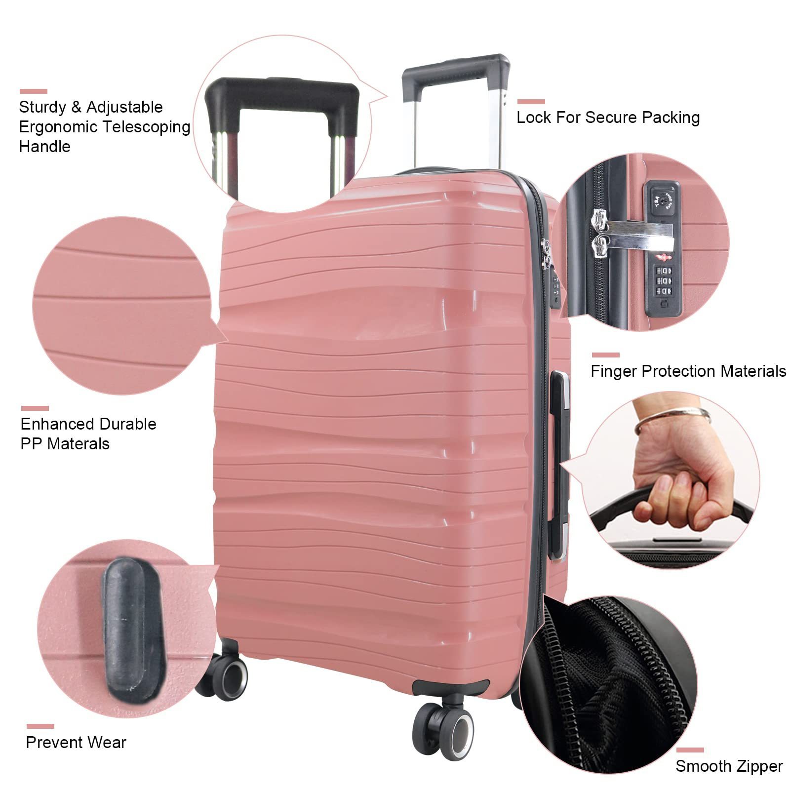 PP Material Luggage suitcase set Lightweight with Silent Spinner Wheels (Rose Gold 3 PCS PP Material Luggage)