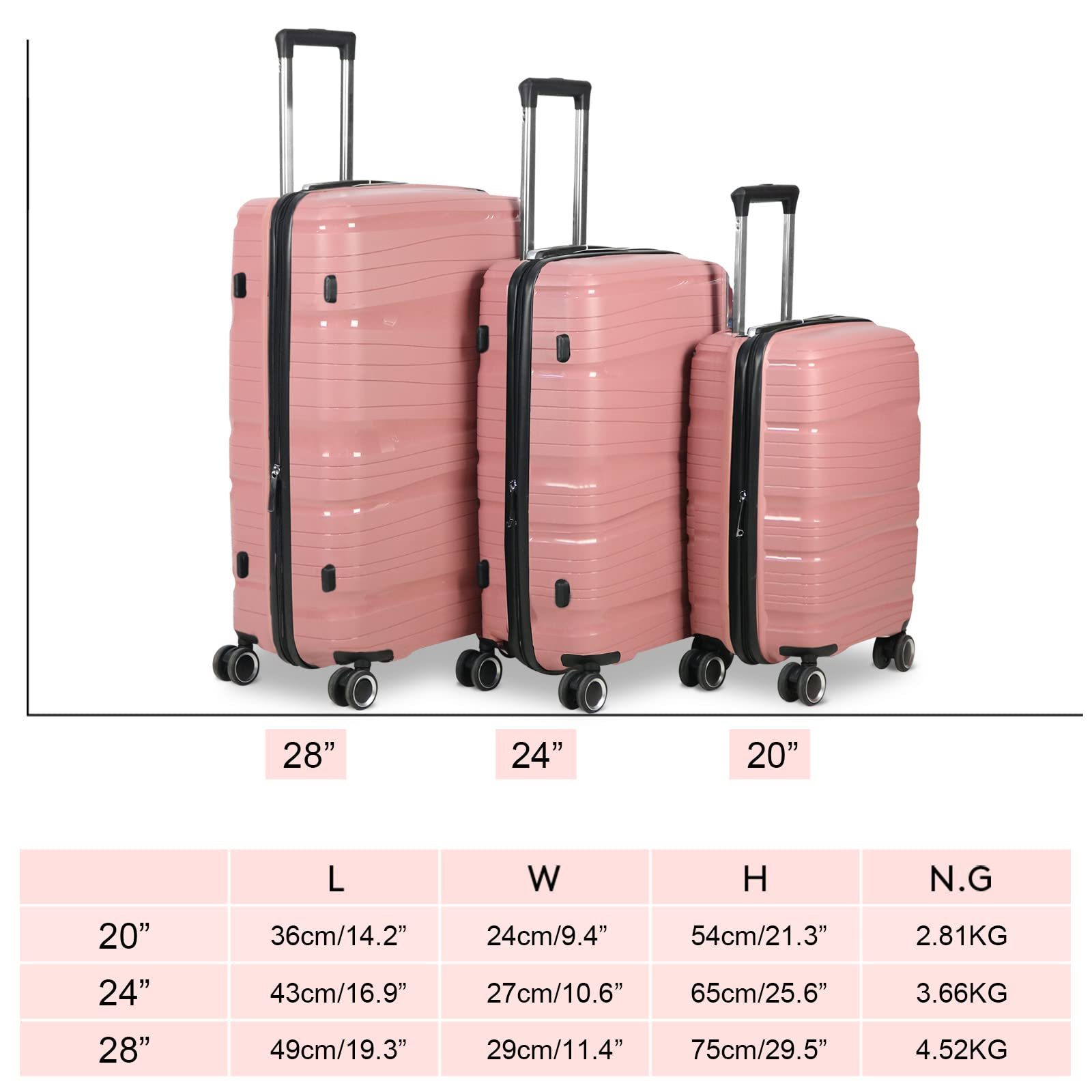 PP Material Luggage suitcase set Lightweight with Silent Spinner Wheels (Rose Gold 3 PCS PP Material Luggage)