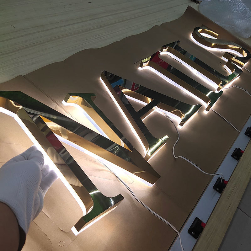 Shop Letter Gold Logo 3D Stainless Steel Metal Wall Signs Led Backlit Sign Advertising Light Alphabet Letters Sign