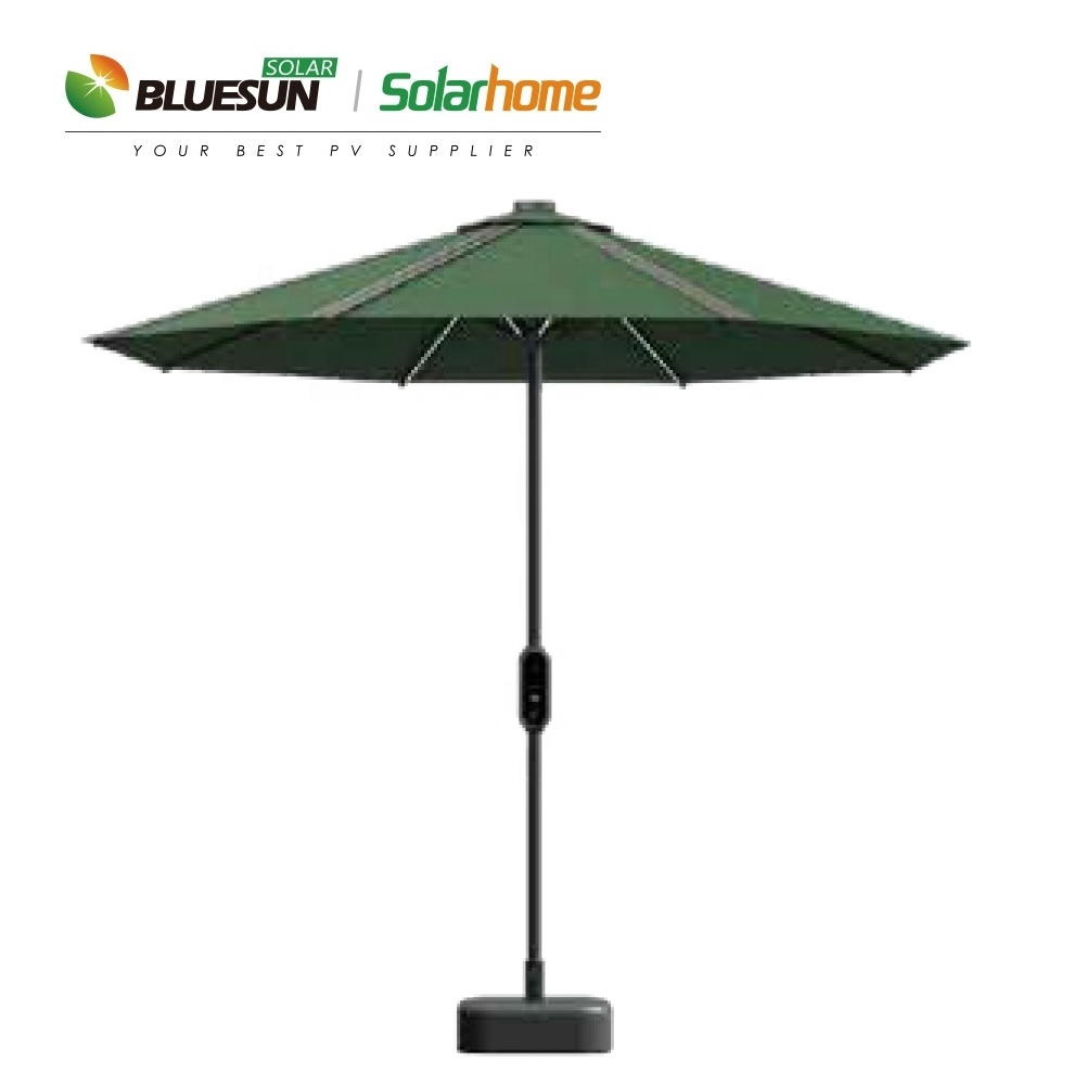 Bluesun solar umbrella 50w thin flim solar panel umbrella portable power bank for cafe bar beach with USB charger