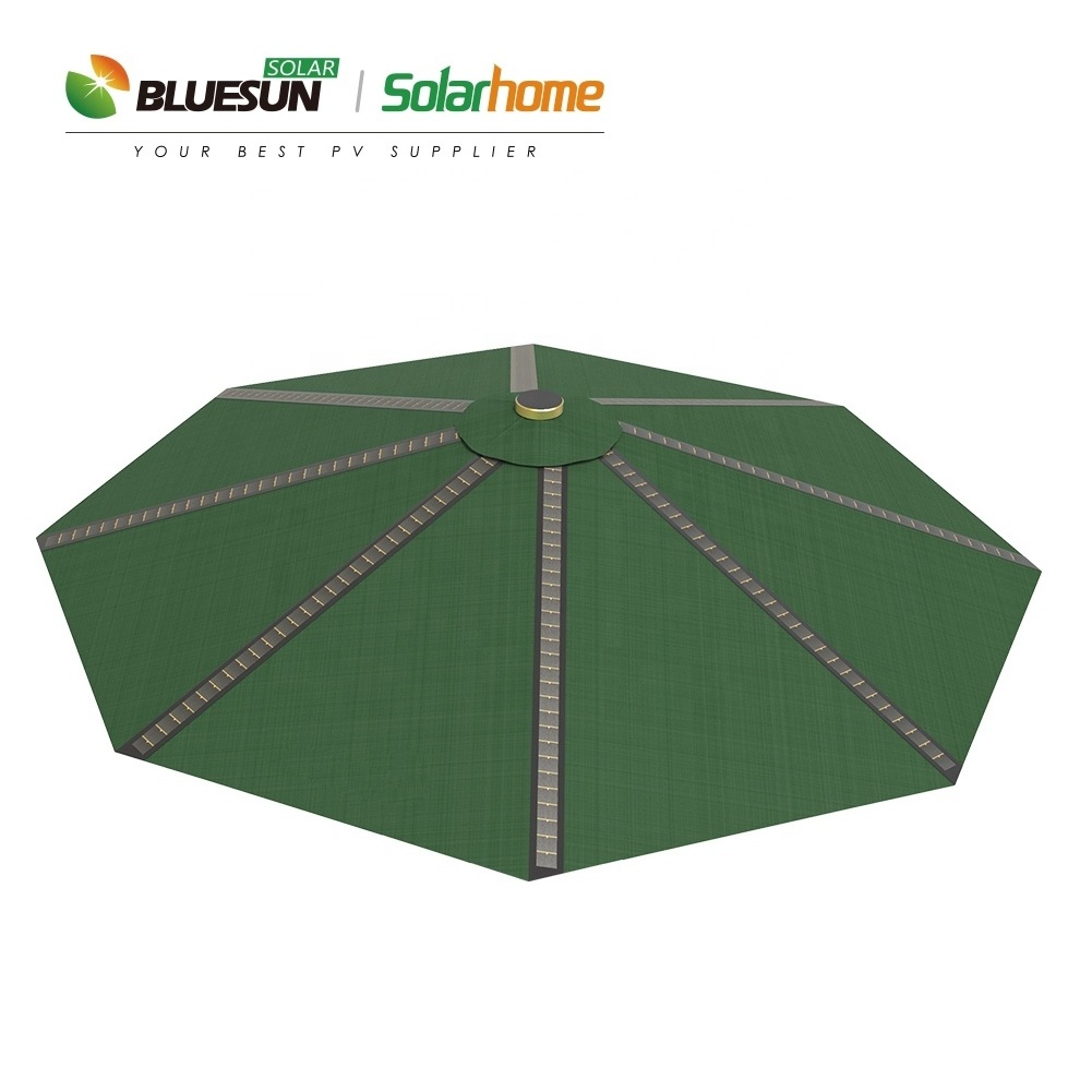 Bluesun solar umbrella 50w thin flim solar panel umbrella portable power bank for cafe bar beach with USB charger