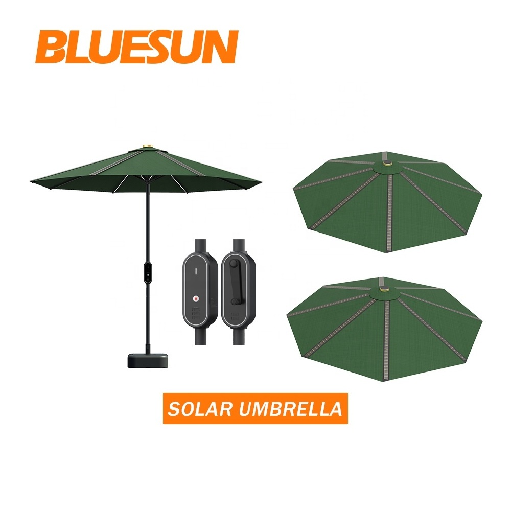 Bluesun solar umbrella 50w thin flim solar panel umbrella portable power bank for cafe bar beach with USB charger