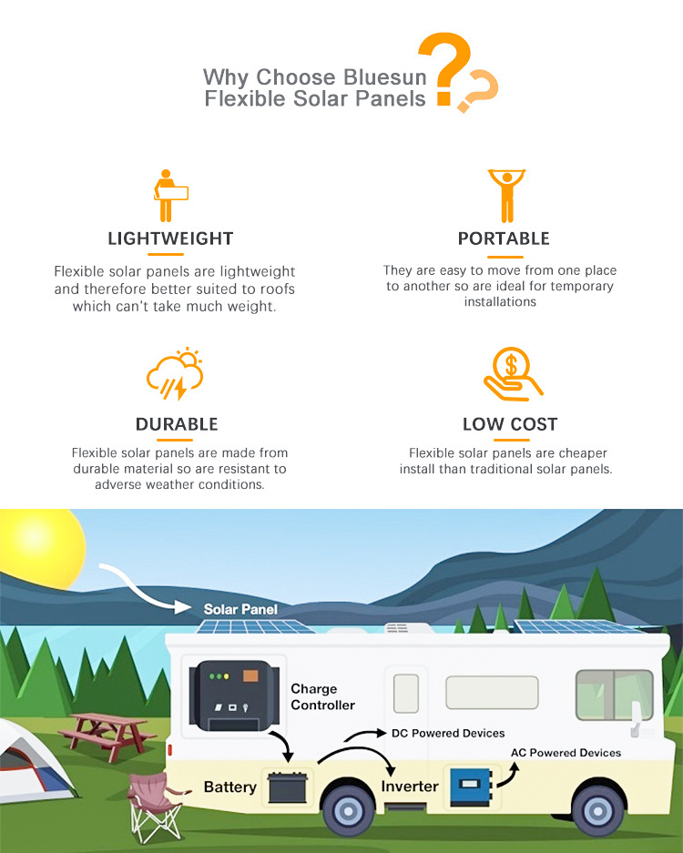 Blusun small portable flexible solar panel cell custom 30w 50w 100w 160w thin film flexible  panel solar portatil