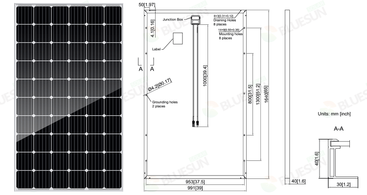 China Bluesun 300 watt solar panels 310w paneau solaire monocrystalline 300w 310 watt 48 v solar panel with good price