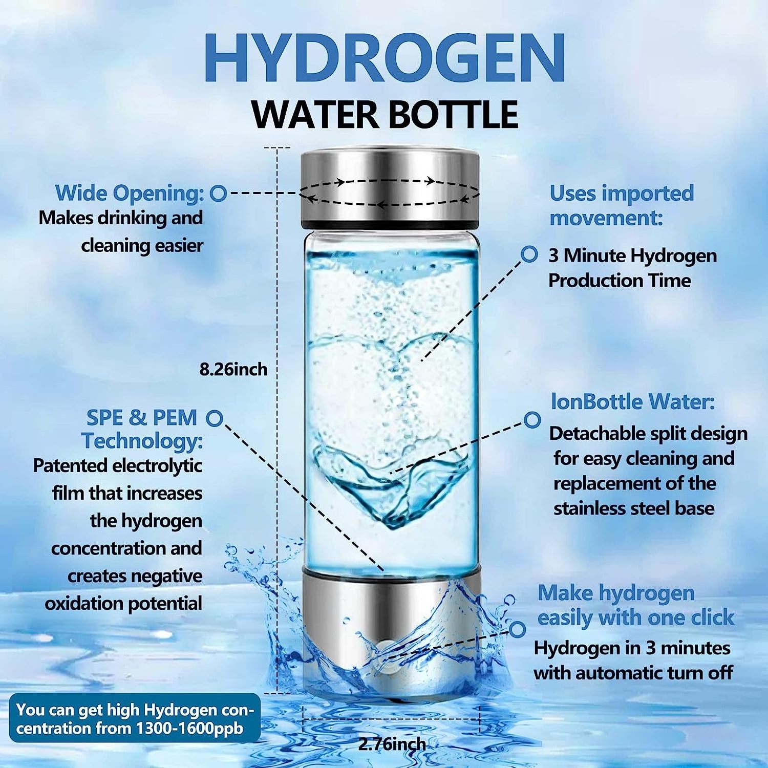 Portable Usb Rechargeable Hydrogen-Rich Water Generator SPE 500Ml Hydrogen Water Bottle