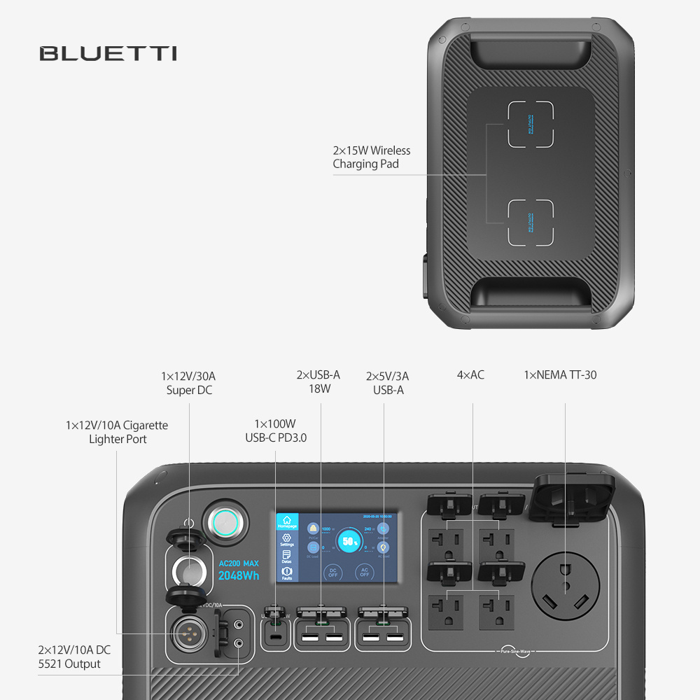 Bluetti Backup Solar Charging Lithium Inverter Generator AC200MAX Portable Power Station 2200W 2kw Small Solar Power System