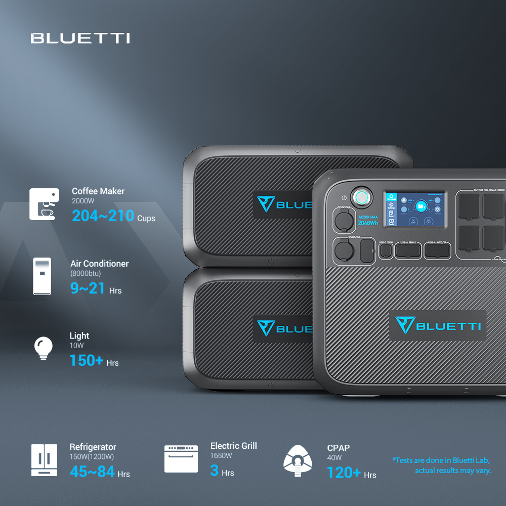 Bluetti Backup Solar Charging Lithium Inverter Generator AC200MAX Portable Power Station 2200W 2kw Small Solar Power System