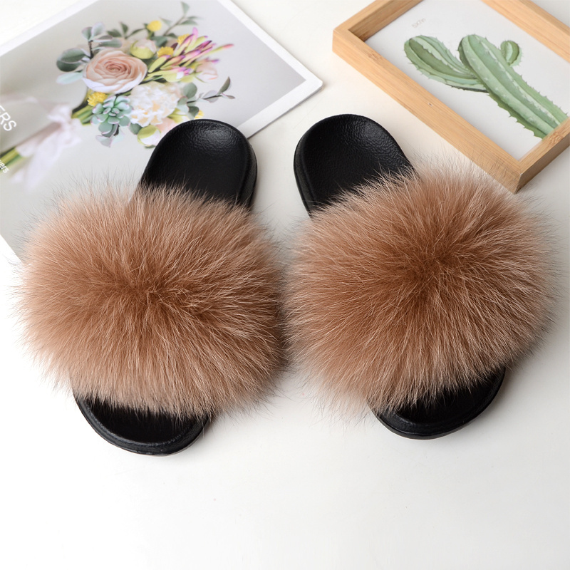 2024 Hot Sale Women's Fur Slipper Natural Big Fluffy Fox Fur House Slippers